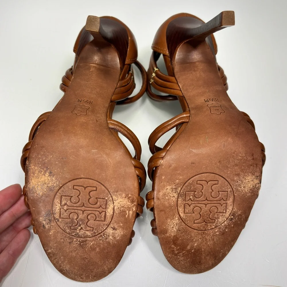 Tory Burch Brown Strappy Braided Leather Heels Size 8.5